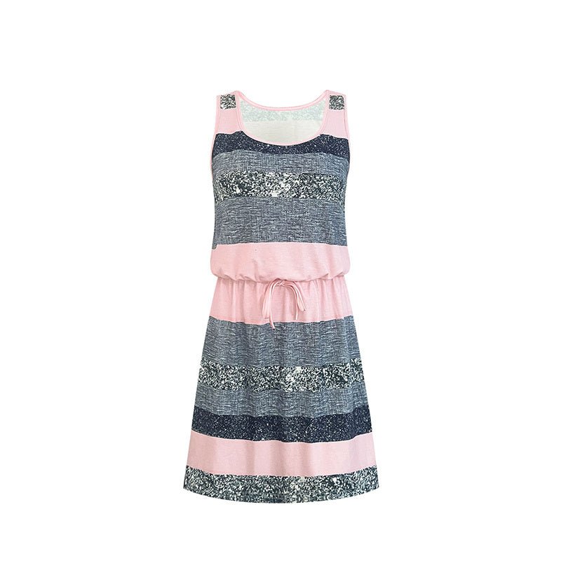 Women’s color-block striped tie-waist mini dress by FitiqueFit, casualwear with bold color patterns and flattering waist tie detail.
