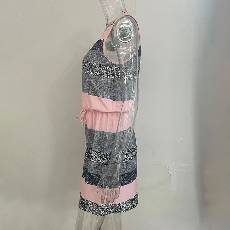 Women’s color-block striped tie-waist mini dress by FitiqueFit, casualwear style with a stylish tie at the waist and bold stripe patterns.