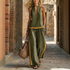 Women’s contrast color sleeveless vest and wide-leg pants set in casualwear style, styled by FitiqueFit.