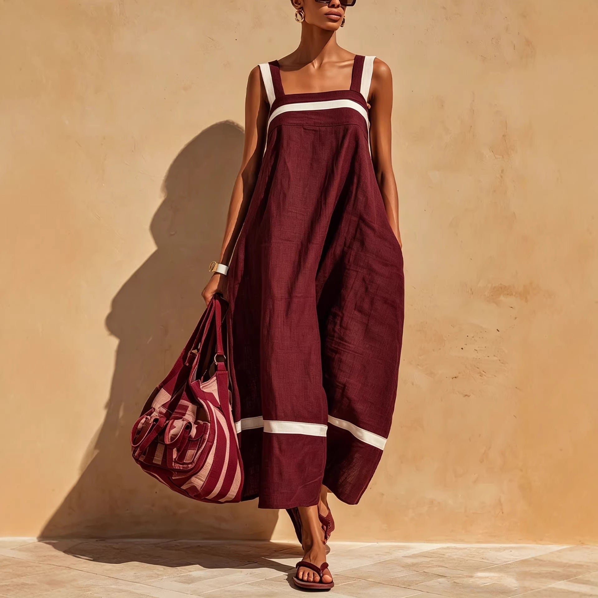 Women's loose linen blend midi dress with contrast straps, casualwear by FitiqueFit, showcasing relaxed fit and stylish design.