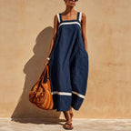 Women's linen blend casual midi dress with contrasting straps, loose fit, perfect for relaxed everyday wear by FitiqueFit.