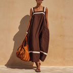 Women's linen blend casual midi dress with contrast strap, loose fit, and relaxed style by FitiqueFit.