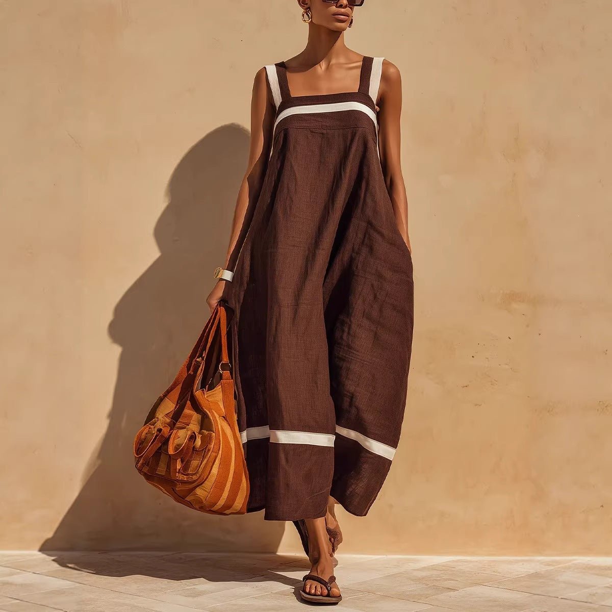 Women's linen blend casual midi dress with contrast strap, loose fit, and relaxed style by FitiqueFit.