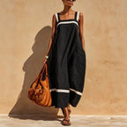 Women's linen blend casual midi dress with contrast straps, loose fit and relaxed style by FitiqueFit.