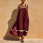 Women's linen blend casual midi dress with contrast straps, loose fit and relaxed style by FitiqueFit.