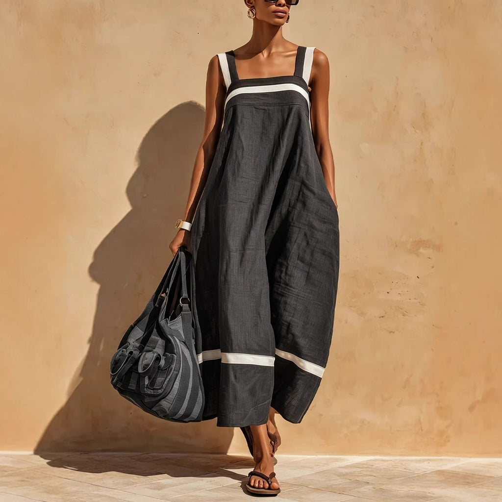 Women's linen blend casual midi dress with contrast straps, loose fit and relaxed style by FitiqueFit.