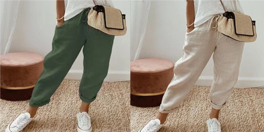 Women’s cotton linen casual pants by FitiqueFit in solid color, shown as comfortable, relaxed-fit casualwear for women.