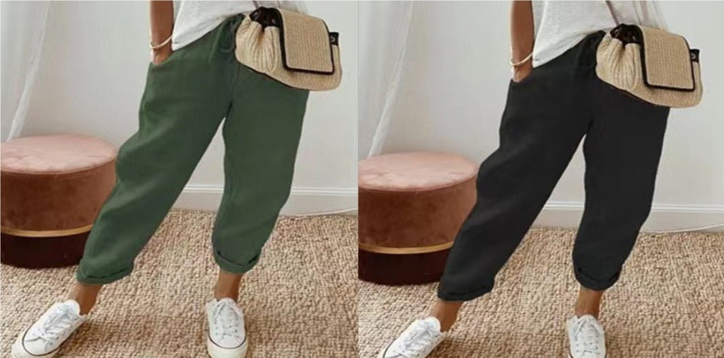 Women’s cotton linen casual pants in solid color, stylish and comfortable FitiqueFit casualwear for everyday wear.