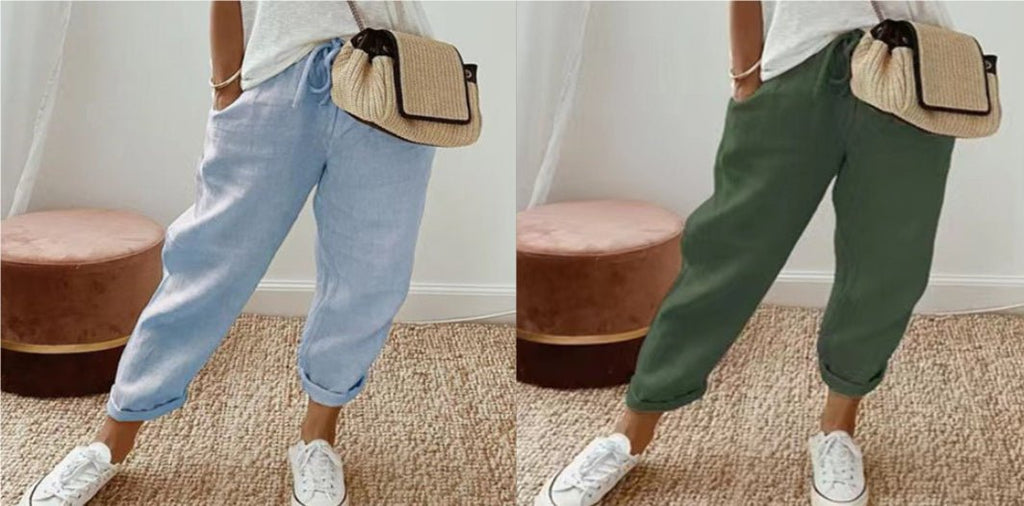 Women’s cotton linen casual pants in solid color by FitiqueFit, featuring a relaxed fit and comfortable design for everyday wear.