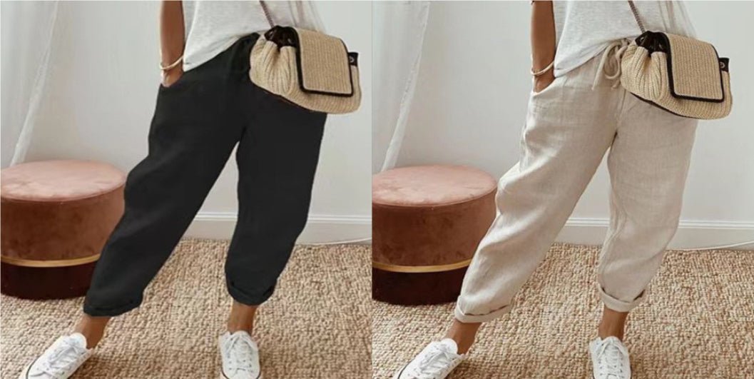 Women’s cotton linen casual pants by FitiqueFit in solid color, featuring a relaxed fit and comfortable design.