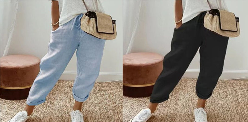 Women’s cotton linen casual pants in solid color by FitiqueFit, featuring a relaxed fit and comfortable casual wear style.