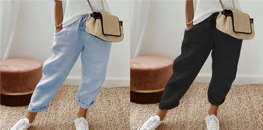 Women’s cotton linen casual pants in solid color by FitiqueFit, featuring a relaxed fit and comfortable casual wear style.