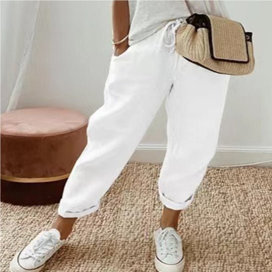 Women’s cotton linen casual pants by FitiqueFit in solid color, featuring a relaxed fit and comfortable waist for everyday wear.