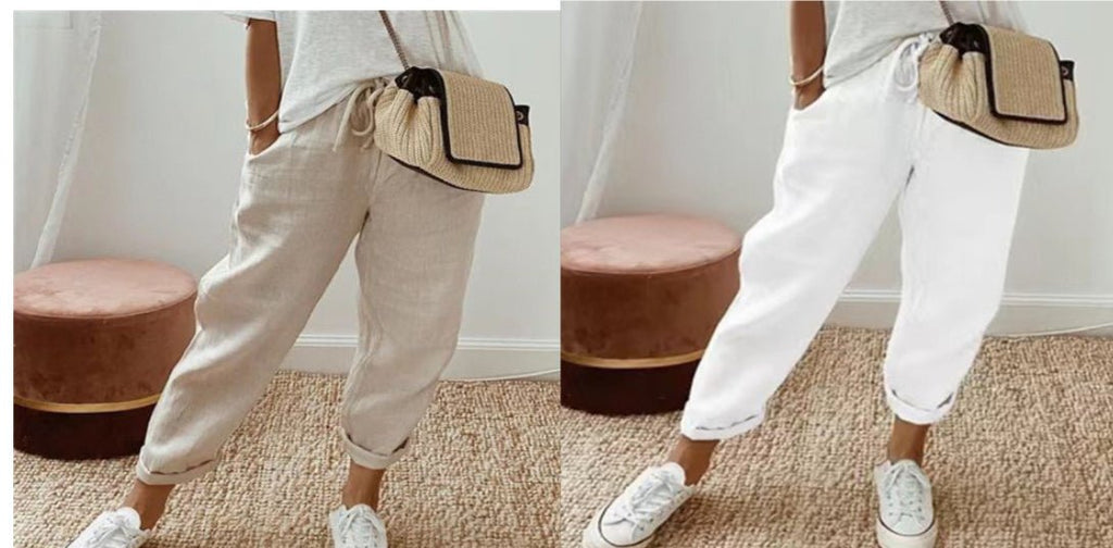 Women’s cotton linen casual pants in solid color, by FitiqueFit, featuring a relaxed fit and comfortable casualwear style.