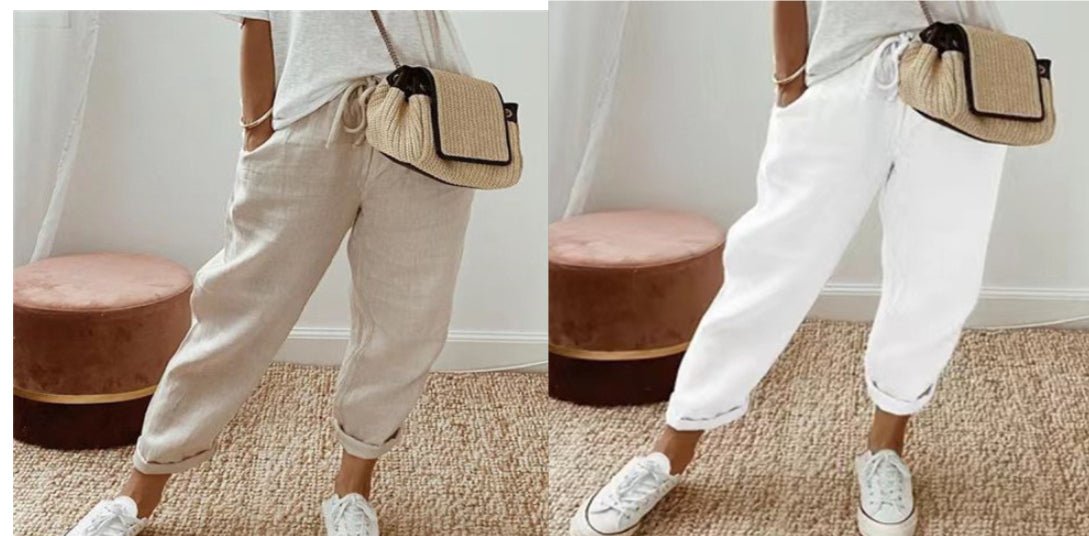 Women’s cotton linen casual pants in solid color, by FitiqueFit, featuring a relaxed fit and comfortable casualwear style.