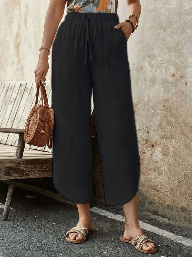 Women’s cotton-linen cropped drawstring pants by FitiqueFit, casualwear with a relaxed fit and comfortable waistband.