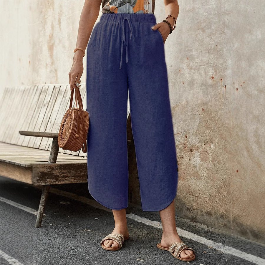 Women’s cotton-linen cropped drawstring pants by FitiqueFit, casualwear with a relaxed fit and adjustable waist.