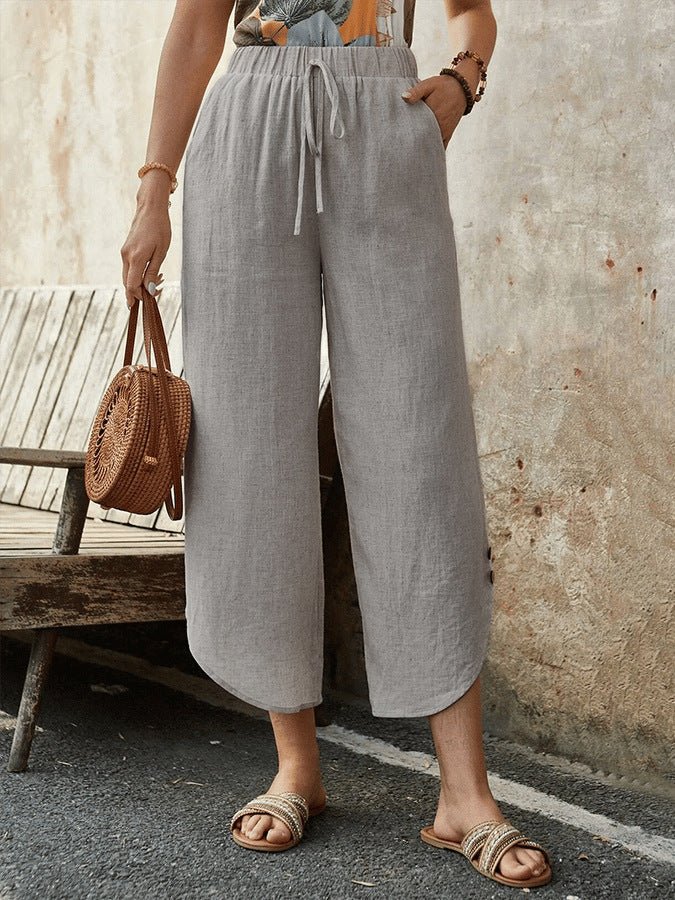 Women's cotton-linen cropped drawstring pants by FitiqueFit, casualwear with a relaxed fit and adjustable waist, ideal for warm weather.