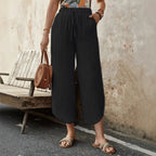 Women’s cotton-linen cropped drawstring pants by FitiqueFit, casualwear with a relaxed fit and adjustable waist.