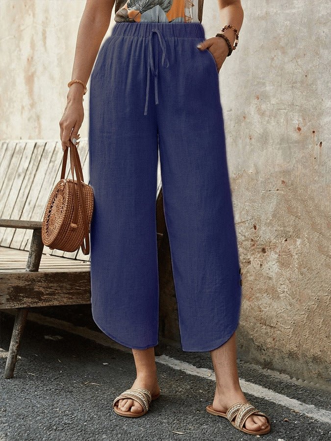 Women's cotton-linen cropped drawstring pants by FitiqueFit, casualwear with a relaxed fit and adjustable waistband.