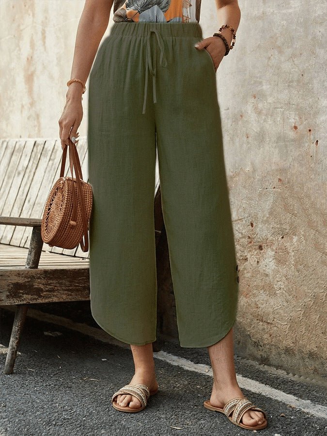 Women's cotton-linen cropped drawstring pants in casualwear style by FitiqueFit, featuring a relaxed fit and adjustable waist.