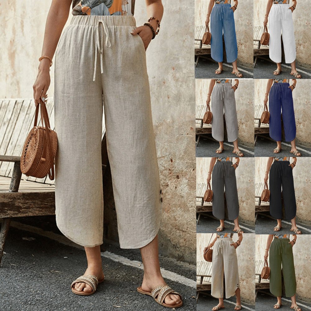 Women's cotton-linen cropped drawstring pants by FitiqueFit, casualwear with a relaxed fit and adjustable waist.