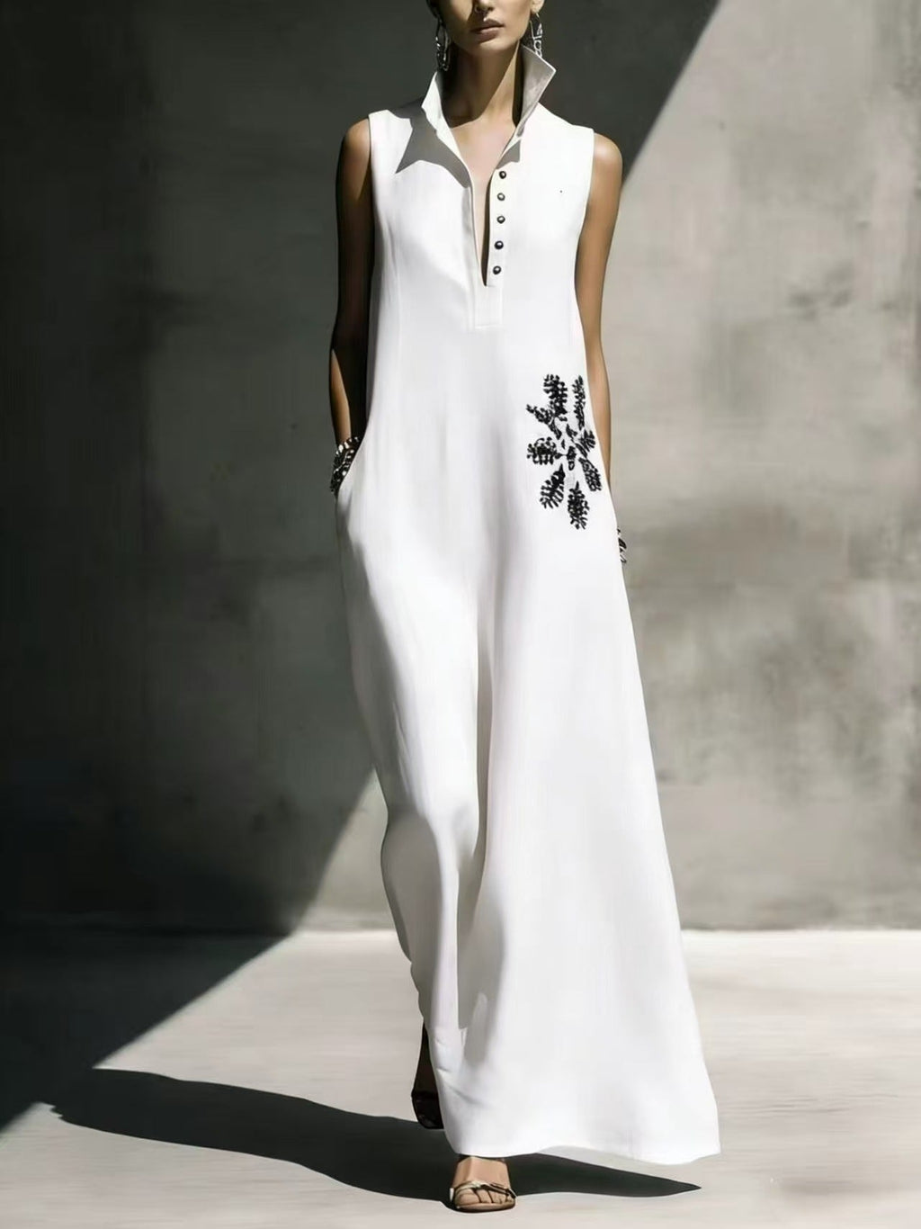 Women's cotton linen maxi dress by FitiqueFit with mandarin collar, graphic print, and pockets, perfect for casualwear.