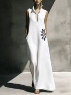Women's cotton linen maxi dress by FitiqueFit with mandarin collar, graphic print, and pockets, perfect for casualwear.