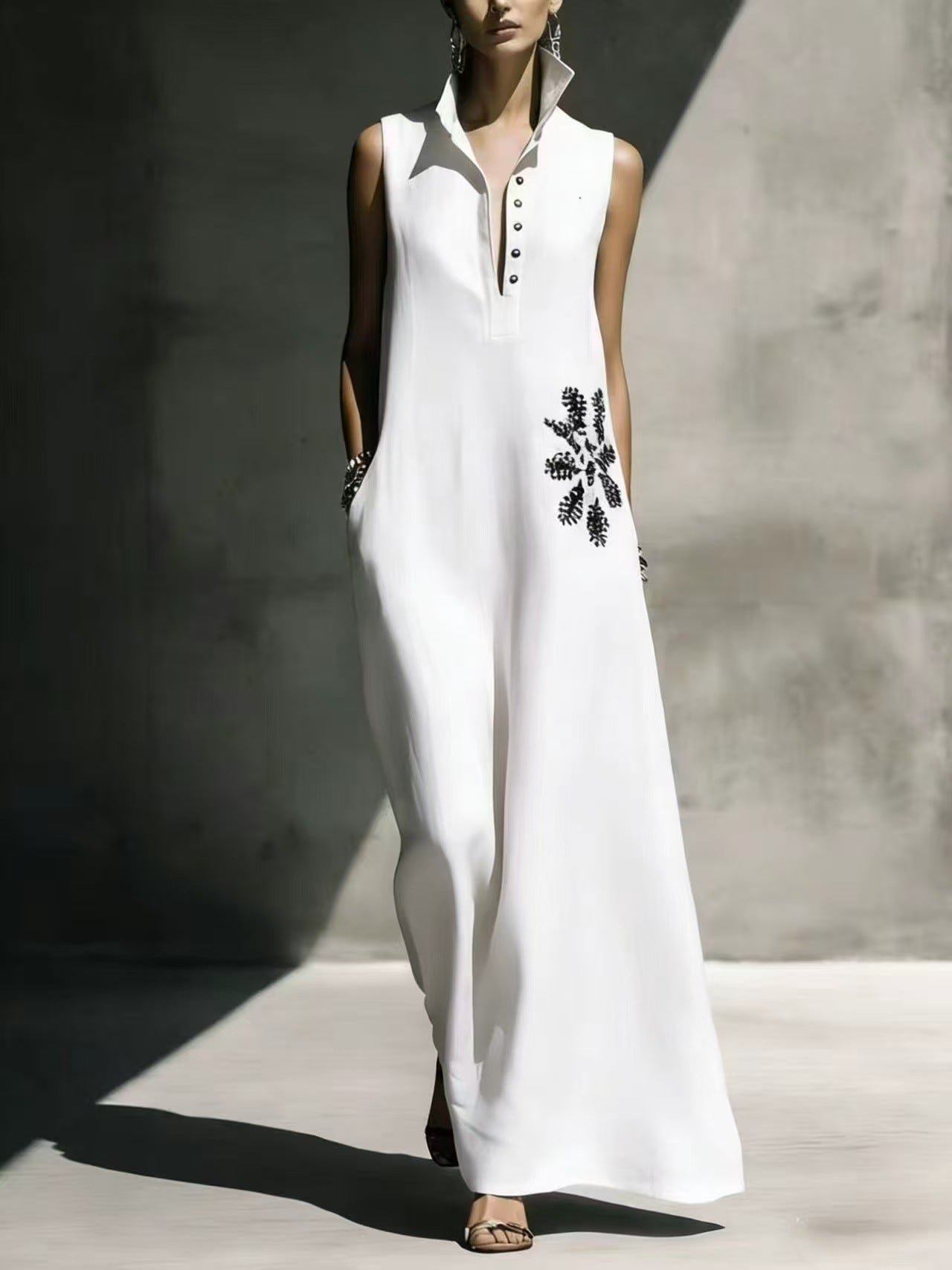 Women's cotton linen maxi dress by FitiqueFit with mandarin collar, graphic print, and pockets, perfect for casualwear.