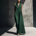 Women's cotton linen maxi dress with mandarin collar, graphic print, and pockets, perfect for casualwear by FitiqueFit.