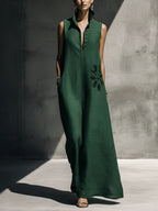 Women's cotton linen maxi dress with mandarin collar, graphic print, and pockets, casualwear by FitiqueFit.