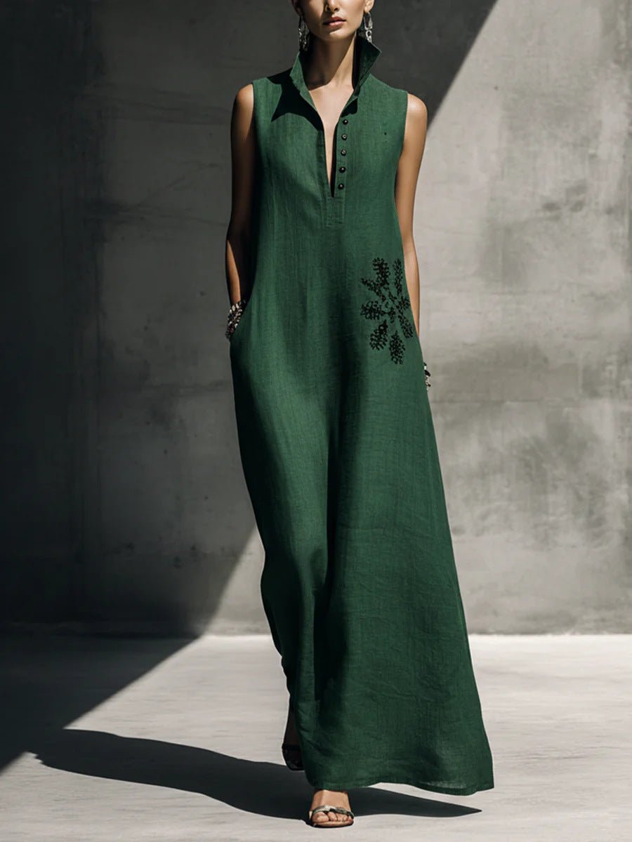 Women's cotton linen maxi dress with mandarin collar, graphic print, and pockets, casualwear by FitiqueFit.