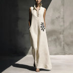 Women's cotton linen maxi dress with mandarin collar, graphic print, and pockets, perfect for casualwear by FitiqueFit.
