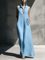 Women's cotton linen maxi dress with mandarin collar, graphic print, and pockets from FitiqueFit, perfect for casual wear.