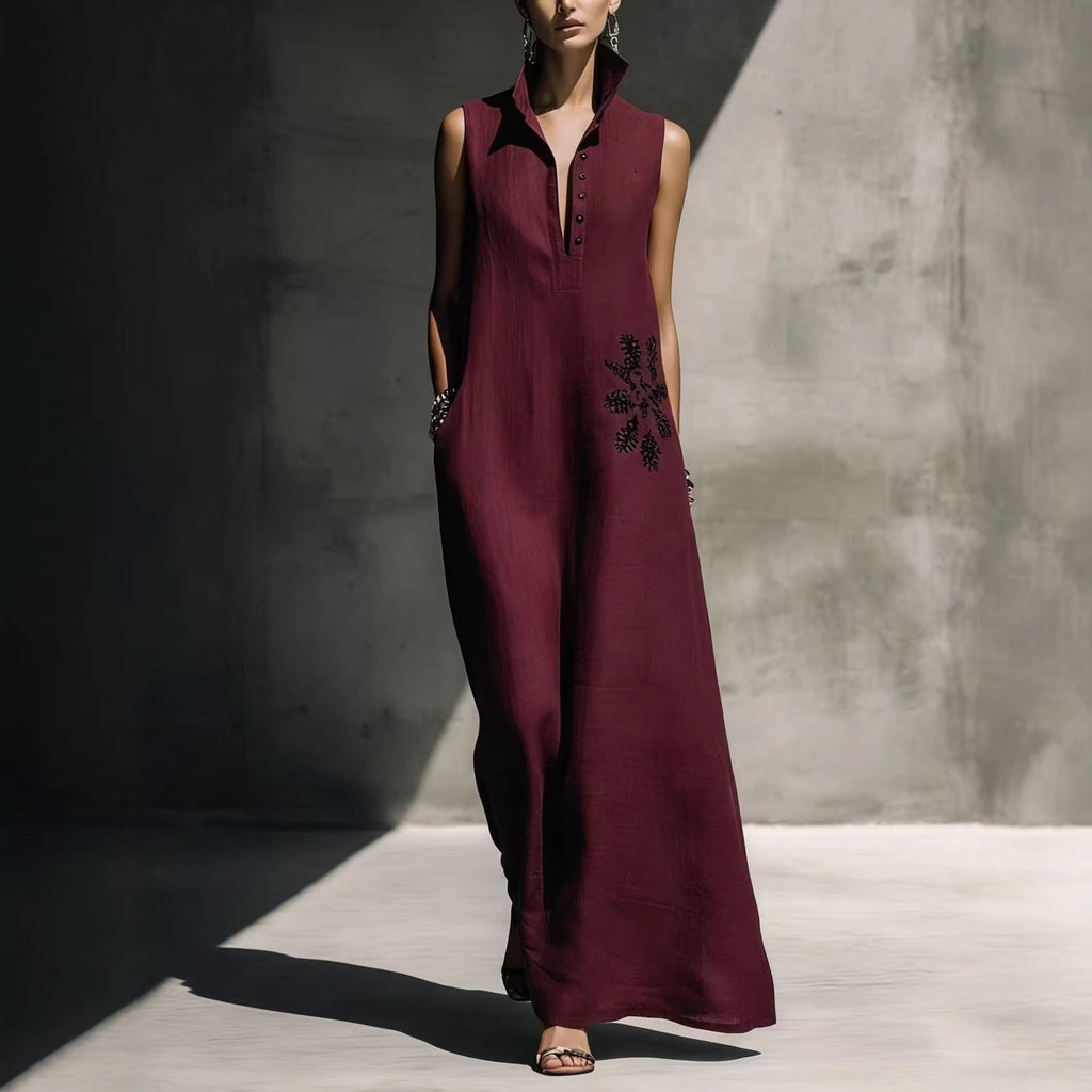 Women's cotton linen maxi dress with mandarin collar, graphic print, and pockets, perfect for casualwear by FitiqueFit.
