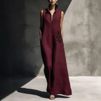 Women's cotton linen maxi dress with mandarin collar, graphic print, and pockets, perfect for casualwear by FitiqueFit.