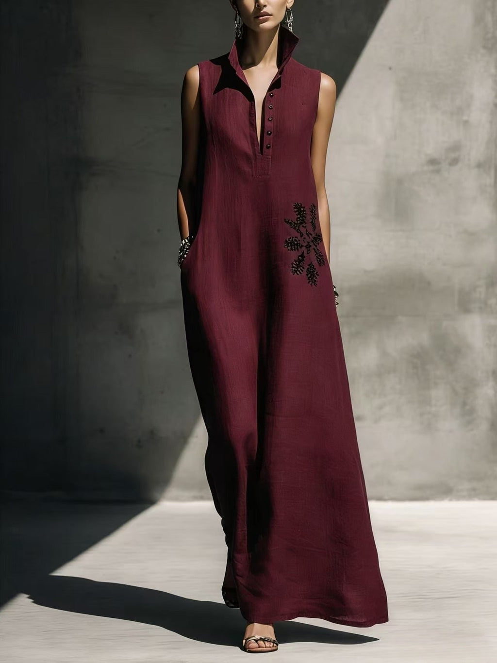 Women's cotton linen maxi dress with mandarin collar, graphic print, and pockets, perfect for casualwear by FitiqueFit.