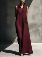 Women's cotton linen maxi dress with mandarin collar, graphic print, and pockets, perfect for casualwear by FitiqueFit.