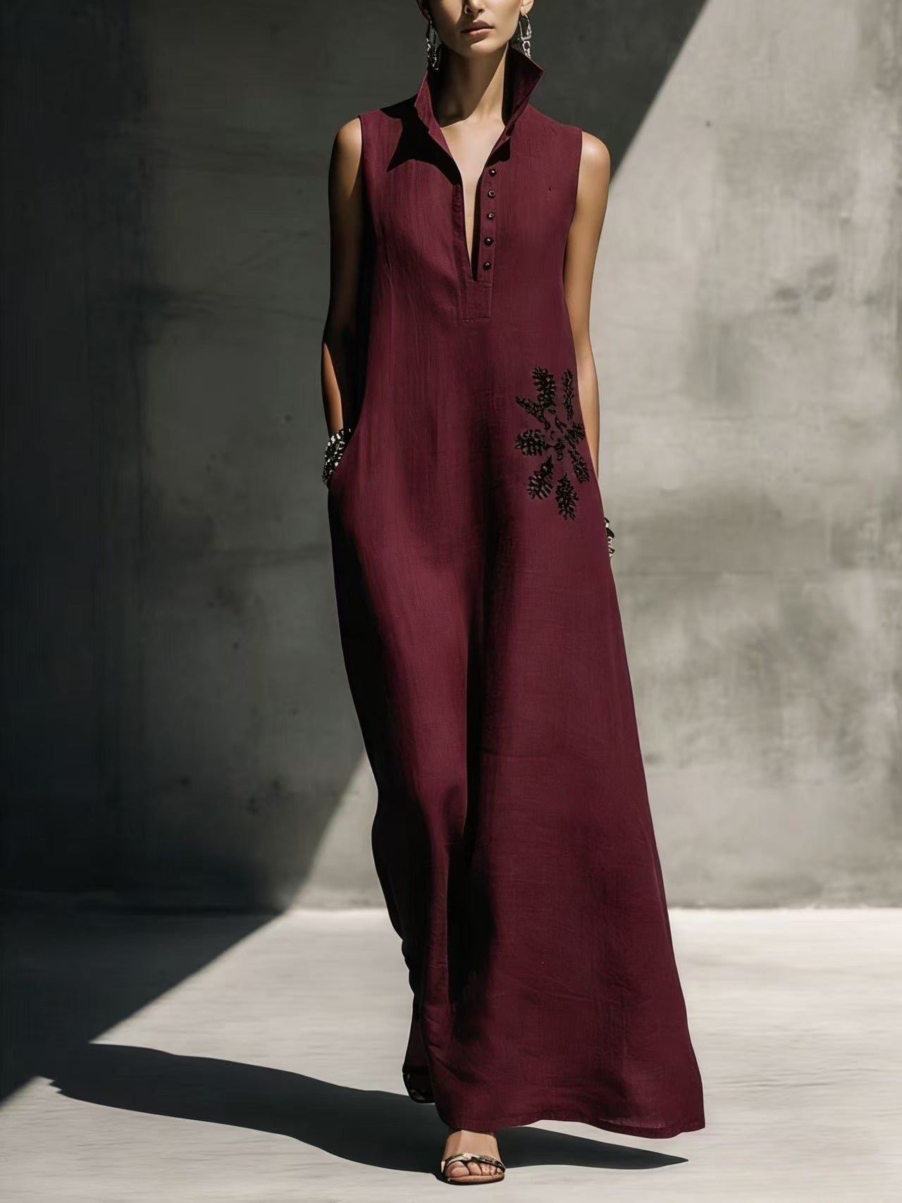 Women's cotton linen maxi dress with mandarin collar, graphic print, and pockets, perfect for casualwear by FitiqueFit.