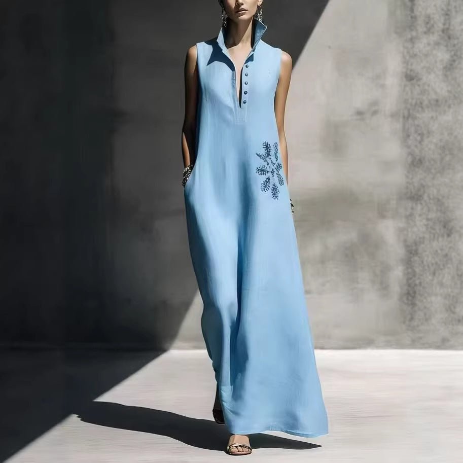 Women's cotton linen maxi dress with mandarin collar, graphic print, and pockets, perfect for casualwear by FitiqueFit.