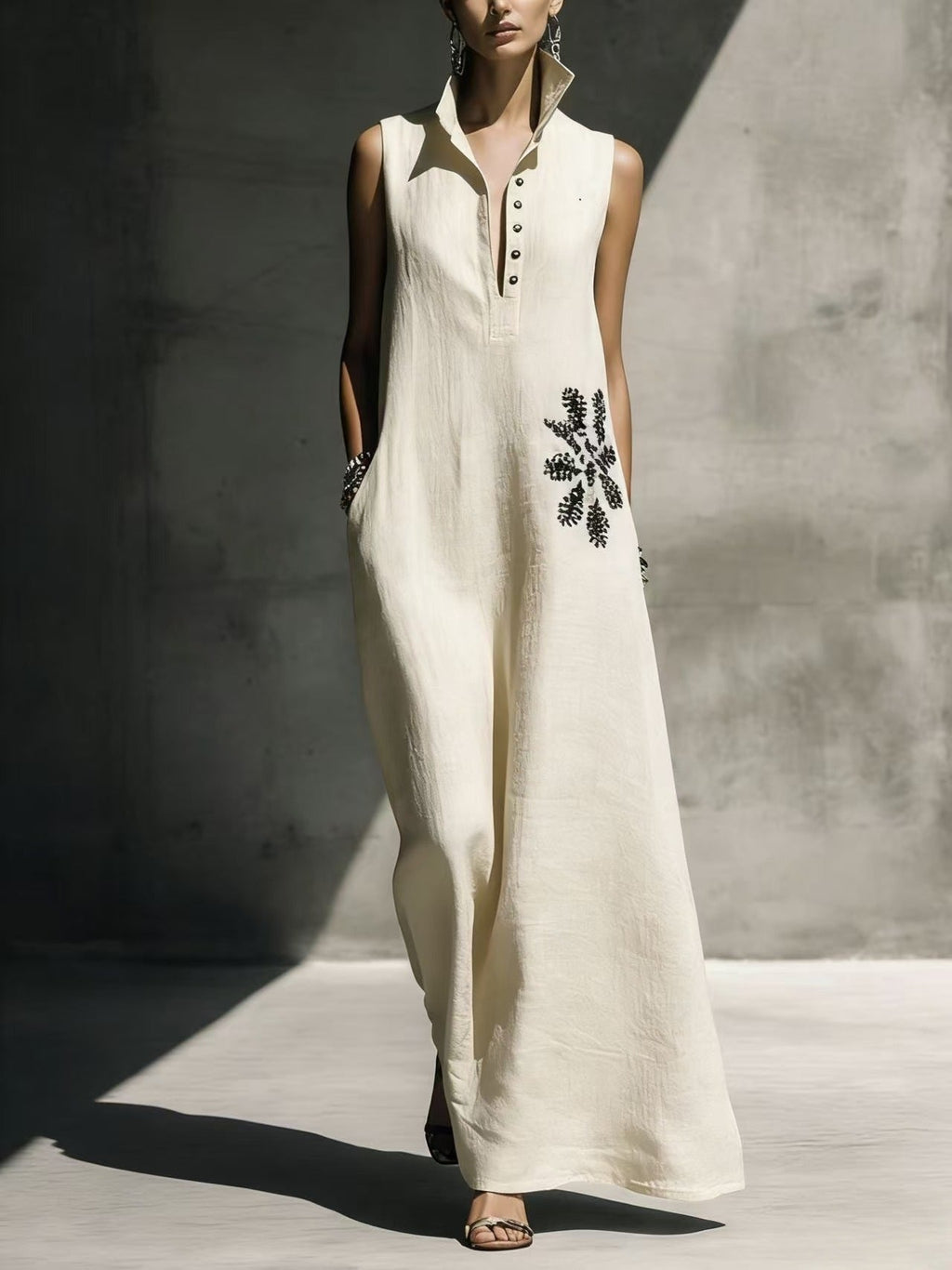 Women's cotton linen maxi dress with mandarin collar, graphic print, and pockets, perfect for casualwear by FitiqueFit.