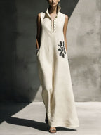 Women's cotton linen maxi dress with mandarin collar, graphic print, and pockets, perfect for casualwear by FitiqueFit.