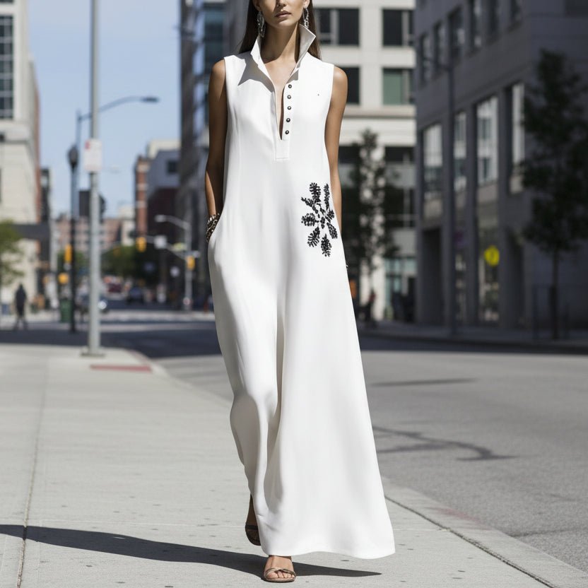 Women's cotton linen maxi dress with mandarin collar, graphic print, and pockets by FitiqueFit, perfect for casual wear.
