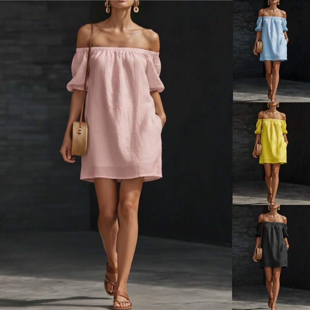 Women’s cotton-linen off-shoulder puff-sleeve loose mini dress, casualwear by FitiqueFit, displayed on a model outdoors.