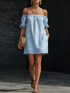 Women's cotton-linen off-shoulder puff-sleeve loose mini dress by FitiqueFit, featuring a casual, flowy design and relaxed fit.