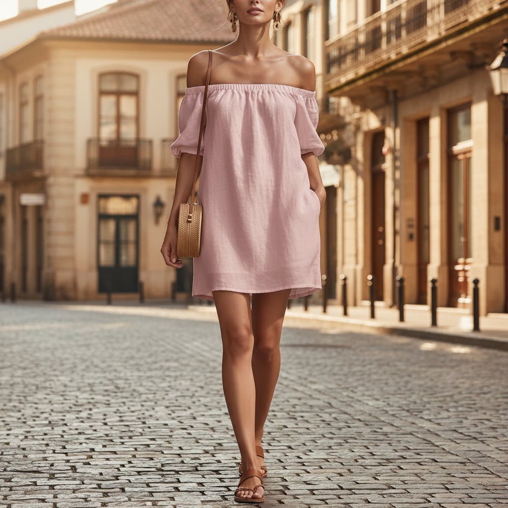 Women's cotton-linen off-shoulder puff-sleeve loose mini dress, casualwear by FitiqueFit, shown on a model with a relaxed fit.