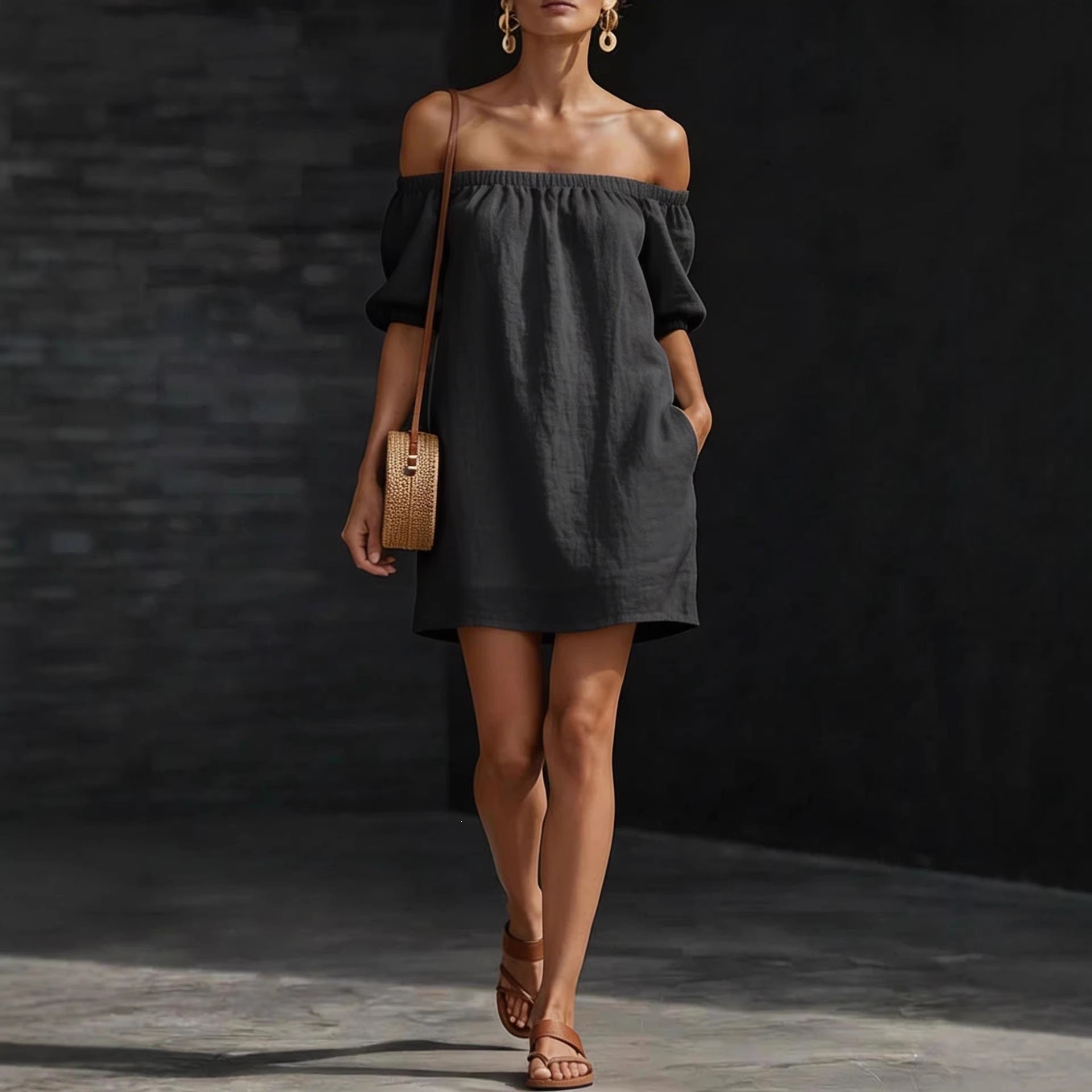 Women's cotton-linen off-shoulder puff-sleeve loose mini dress, casualwear by FitiqueFit, displayed on a hanger.