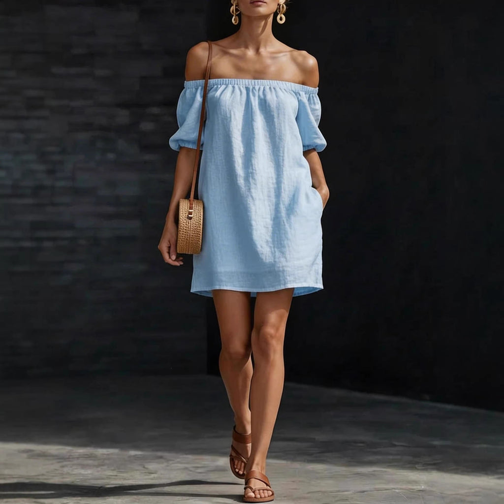 Women's cotton-linen off-shoulder puff-sleeve loose mini dress, casualwear by FitiqueFit, featuring a relaxed fit and stylish design.