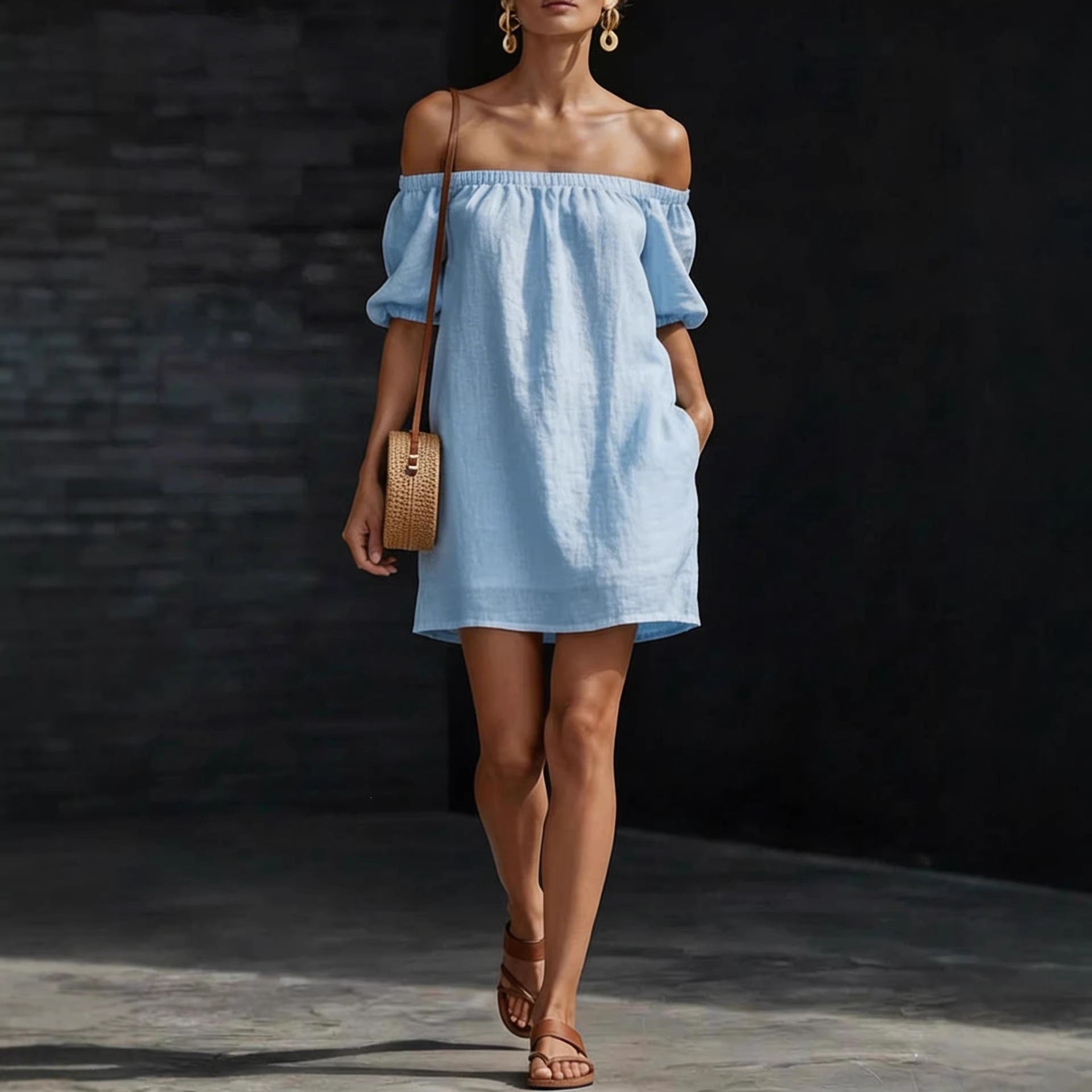 Women's cotton-linen off-shoulder puff-sleeve loose mini dress, casualwear by FitiqueFit, featuring a relaxed fit and stylish design.