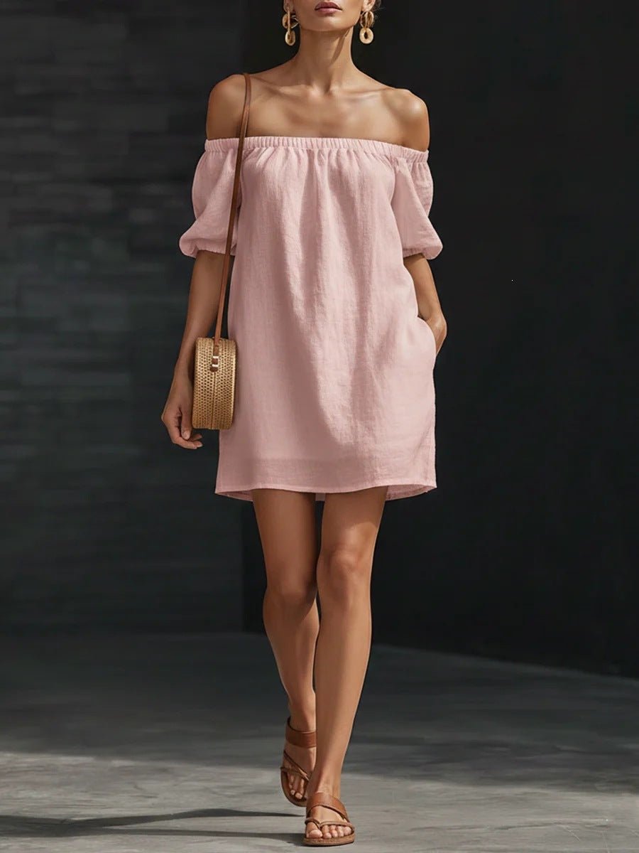 Women's cotton-linen off-shoulder puff-sleeve loose mini dress, casualwear by FitiqueFit, shown on a model with relaxed fit and stylish design.